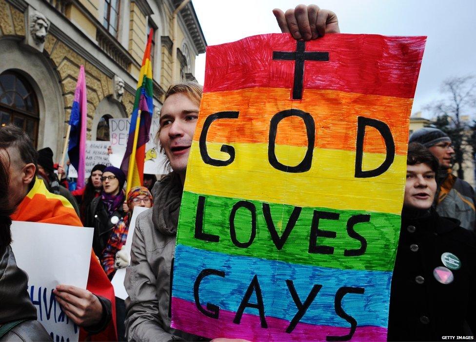 Protesters at an LGBT rights march in St Petersburg, Russia. Homosexuality has been legal in the country since 1993, but a recent change to the law banning people from promoting "homosexual behaviour among minors" and restrictions on Pride parades has made life more complicated for LGBT people