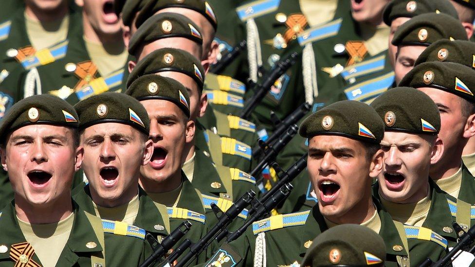 Russian troops marching in Moscow rehearsal, 7 May 16