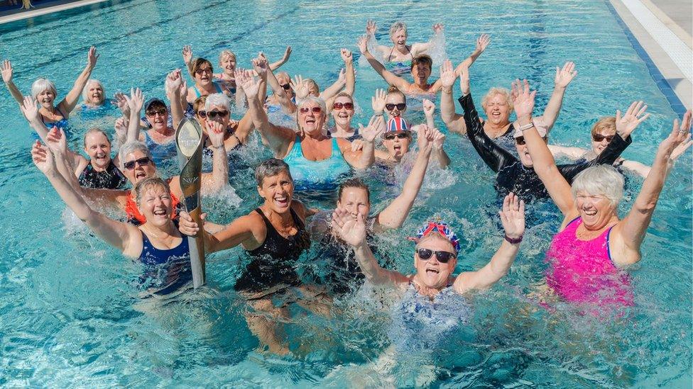 Mary Clapperton with some local swimmers at New Cumnock pool on Monday