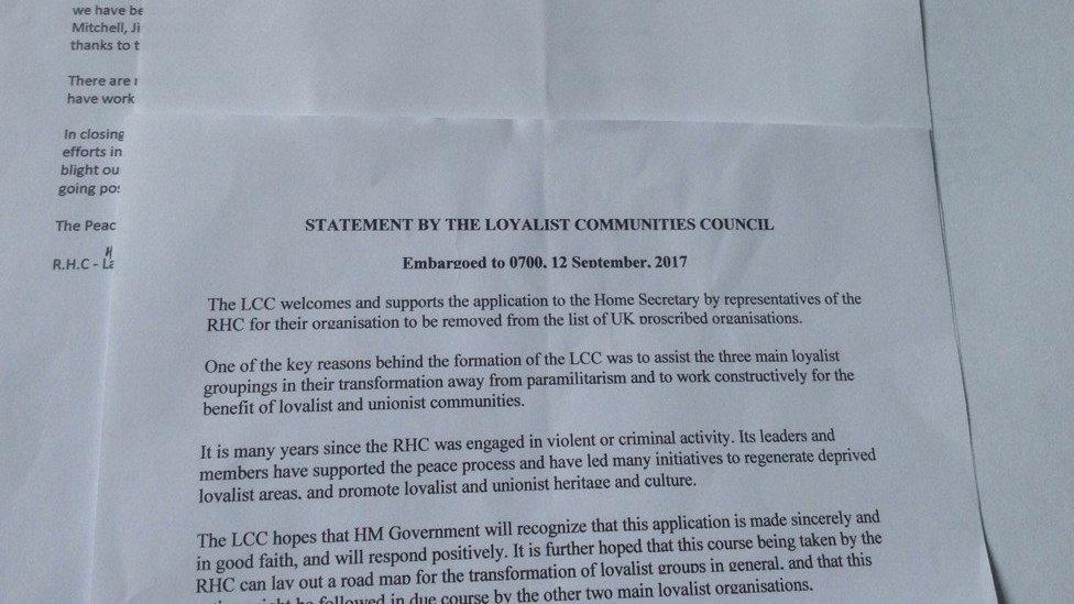 A letter from the Loyalist Communities Council in support of the Red Hand Commando move