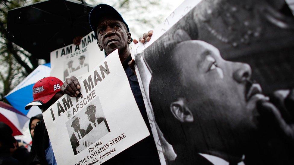 Members of the Memphis group 'Beloved Community' take part in a march to the Lorraine Hotel, the site where Martin Luther King Jr. was killed, as part of the opening event marking the slain civil rights leader's death April 4, 2008 in Memphis, Tennessee.