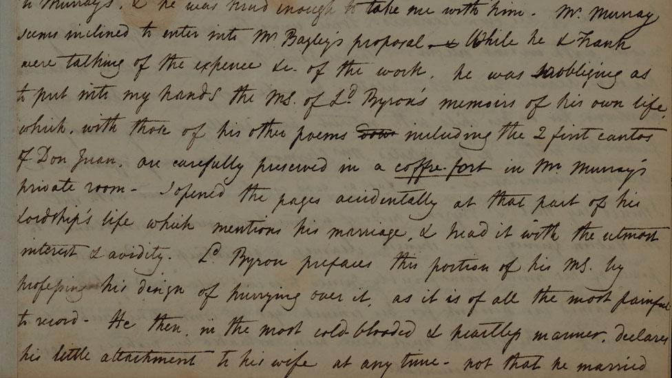 A hand-written letter from 1823 describing reading part of Lord Byron's memoirs