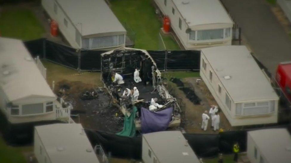 The burnt out caravan in Ingoldmells