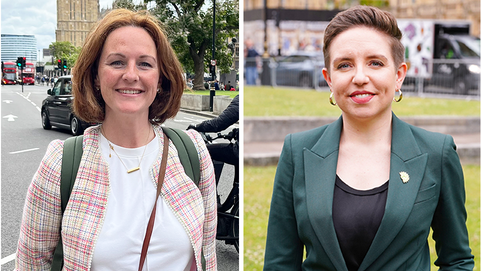 Lola McEvoy & Carla Denyer - new MPs photographed in Westminster, 8 July 2024