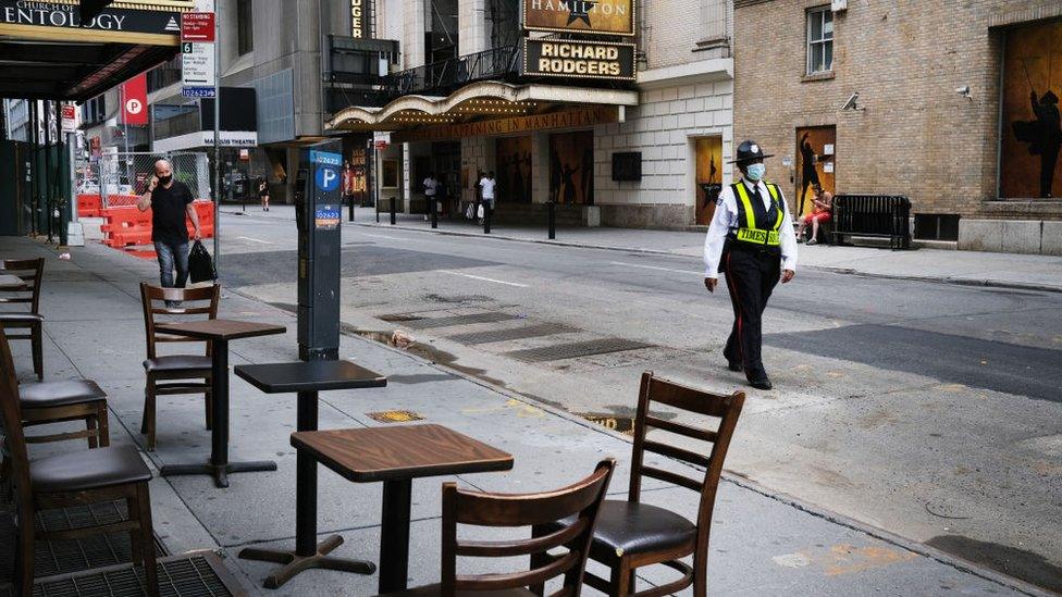 Empty outdoor seats at a New York restaurant