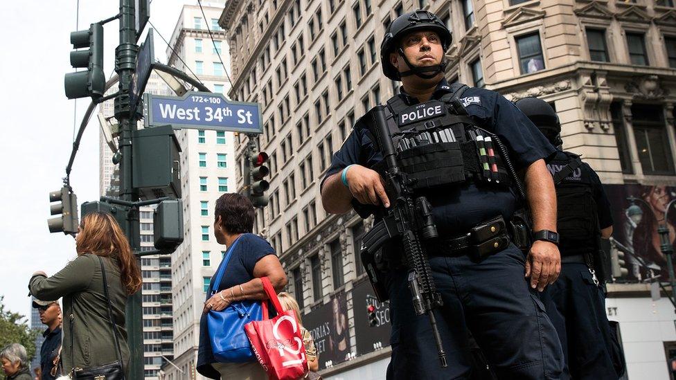 A policeman in Herald Square, New York City, on 18 September 2016