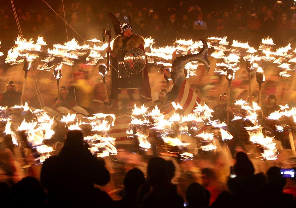 Members of the Jarl Squad in Lerwick on the Shetland Isles during the Up Helly Aa Viking festival. Originating in the 1880s, the festival celebrates Shetland's Norse heritage, 28 January 2020.