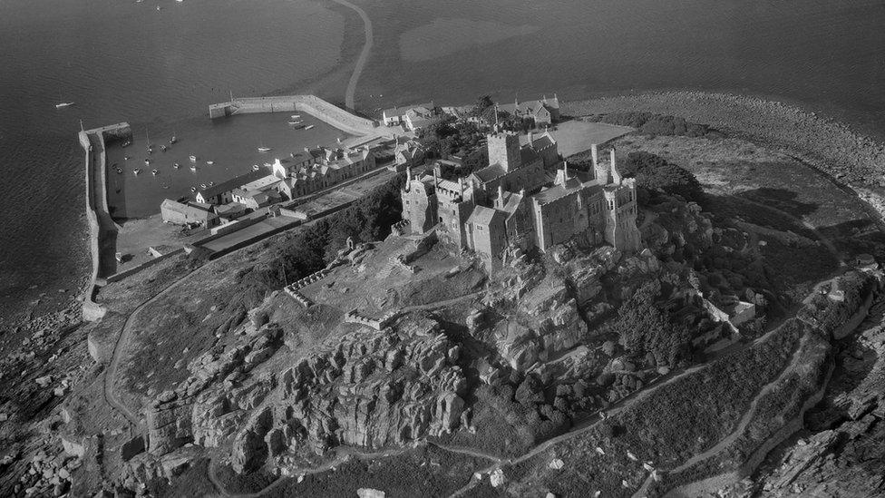 Black and white aerial photograph of St Michael's Mount, Cornwall