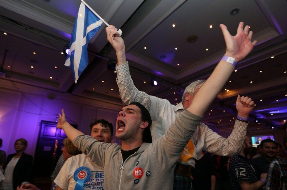 "Better Together" (Pro-union, No campaign) supporters celebrate at the Marriot Hotel in Glasgow as Scotland rejected independence on September 19th 2014.