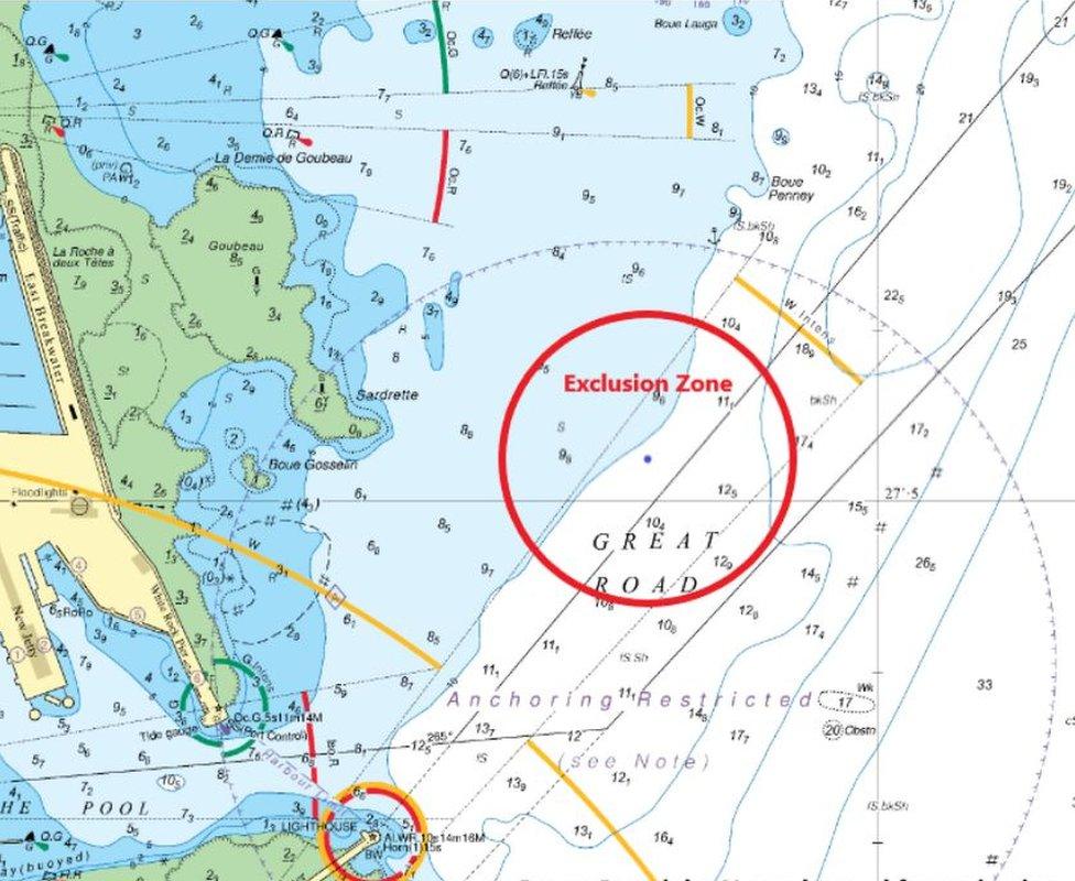 A map of St Peter Port harbour including a 200m exclusion zone