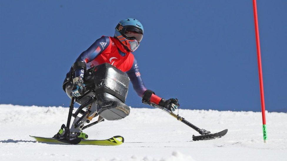 Shona Brownlee competing at the Beijing Winter Paralympics in the Super Combined