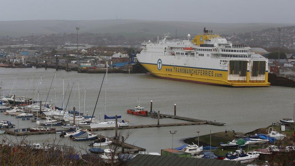 A DFDS Transmanche Ferry in Newhaven harbour. Stock Image