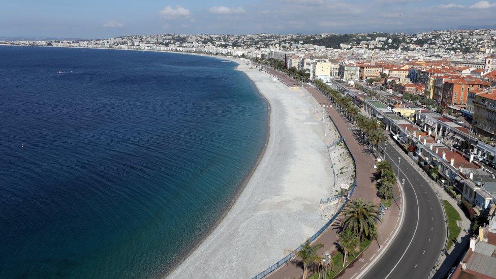 A deserted beach of the Promenade des Anglais in Nice