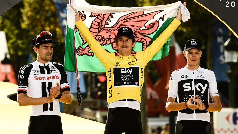 Geraint Thomas on the podium alongside teammate Chris Froome who came third.