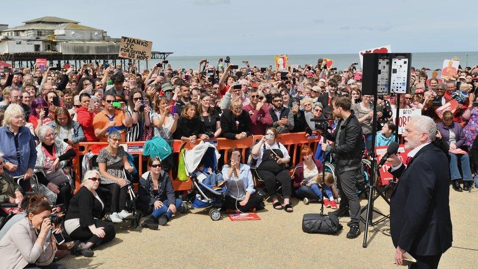 Jeremy Corbyn at the Labour Party rally on the beach at Colwyn Bay