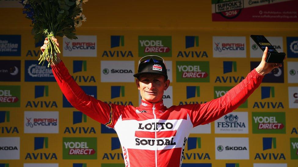 Andre Greipel of Germany and Lotto-Soudal celebrates winning stage seven of the 2015 Tour of Britain