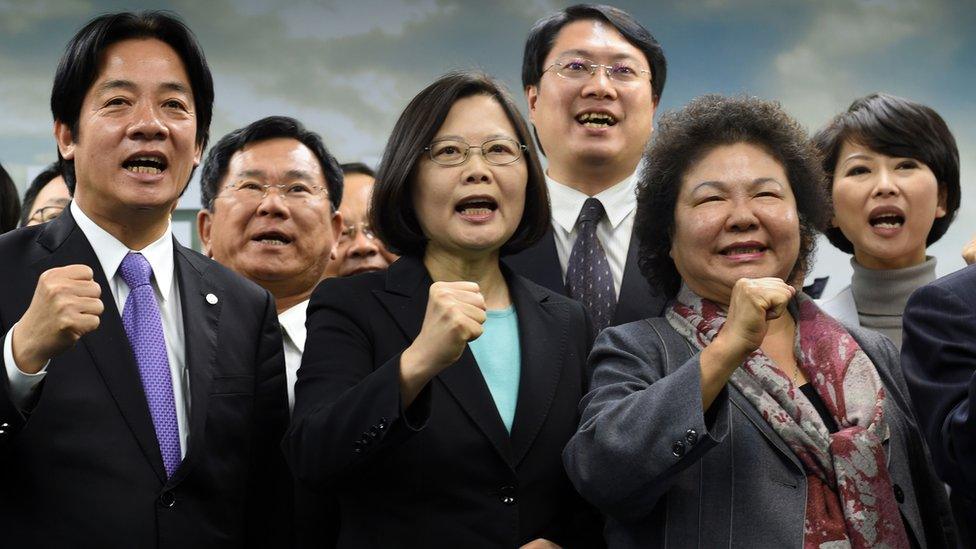 Tsai Ing-wen with party members during a press conference in Taipei.