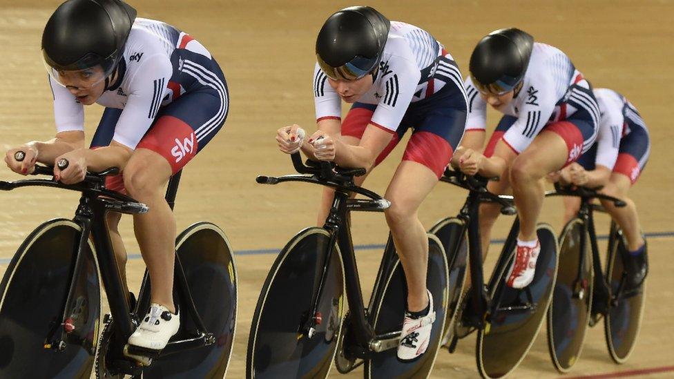 The GB team of Joanna Rowsell Shand, Laura Trott, Elinor Barker and Ciara Horne competing at the 2016 World Championship in London