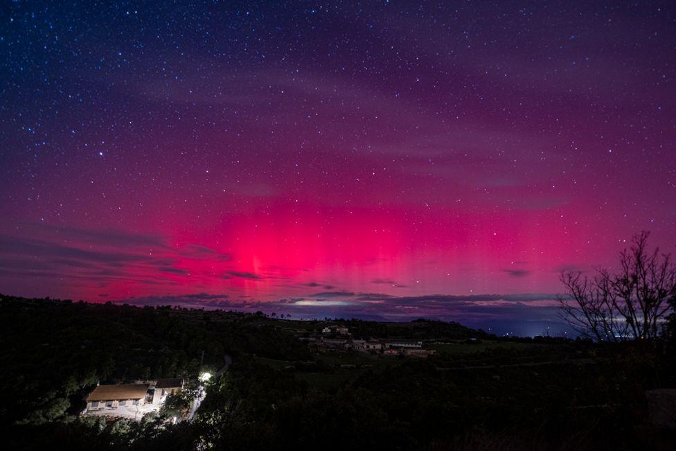 An aurora borealis from the Castelltallat astronomical observatory, on October 10, 2024, in Catelltallat, Barcelona, Catalonia, Spain. 