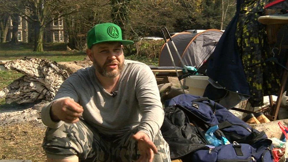 Jason, a homeless person living near the National Museum of Wales in Cardiff