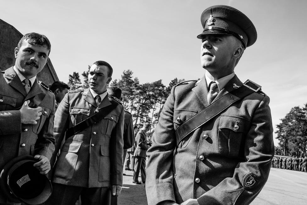 Lance Corporal Lloyd Fabri, Lance Corporal Bill Wright and Corporal Robert Bulmer of The Queen's Royal Hussars on their last formal parade in Athlone Barracks, Sennelager