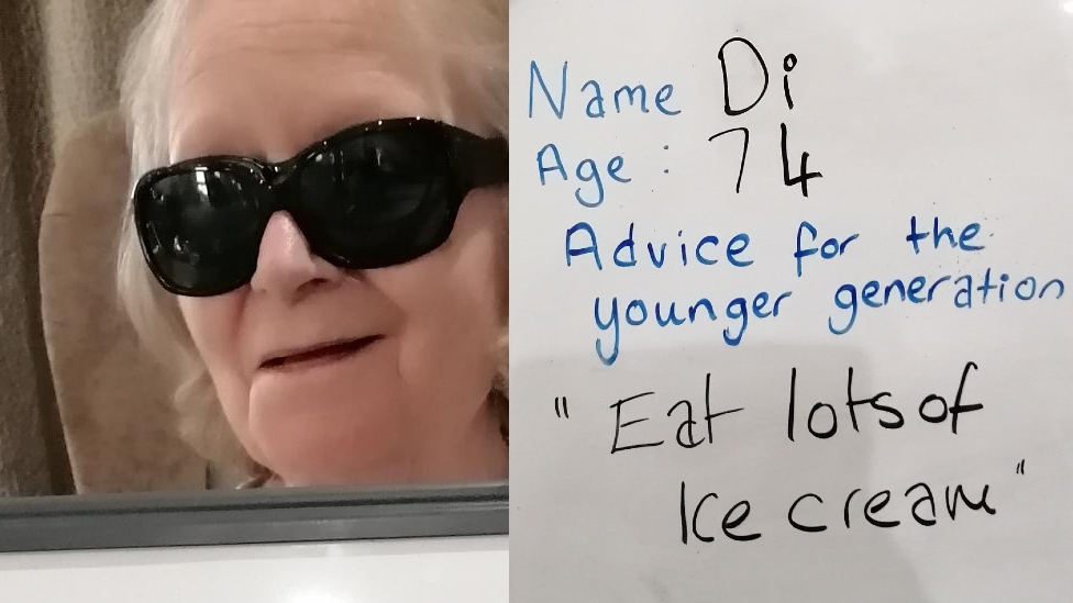 One one side is Di wearing glasses, the other is her message on a whiteboard