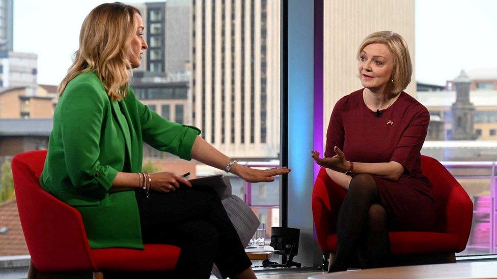 Britain's Prime Minister Liz Truss appears on 鶹Լ's Sunday Morning presented by Laura Kuenssberg in Birmingham