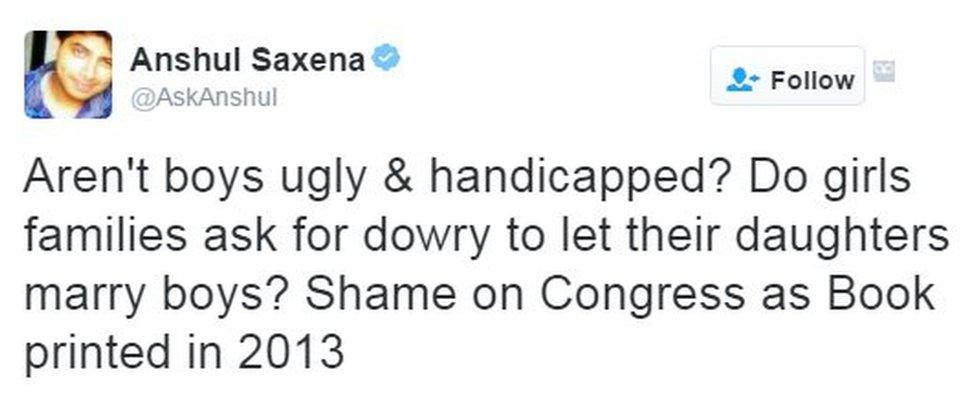 Aren't boys ugly & handicapped? Do girls families ask for dowry to let their daughters marry boys? Shame on Congress as Book printed in 2013