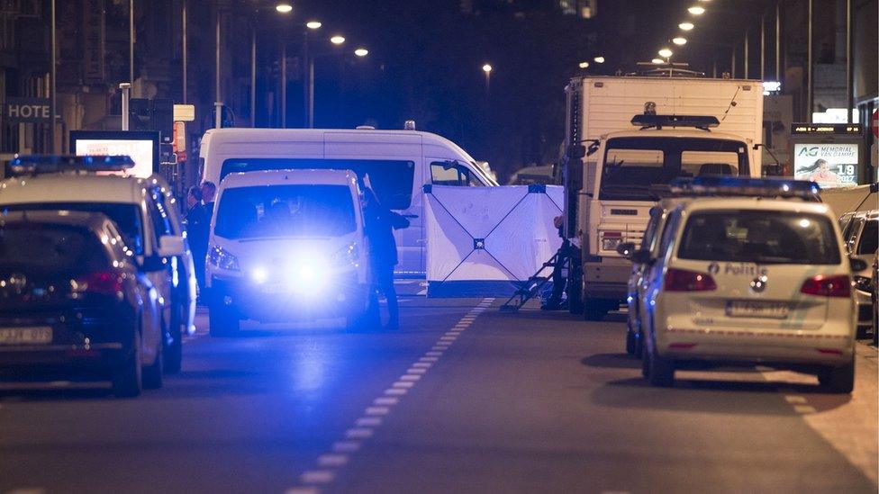 Police cordon off the area at Boulevard Emile Jacqmain in the centre of Brussels, Belgium, 25 August 2017