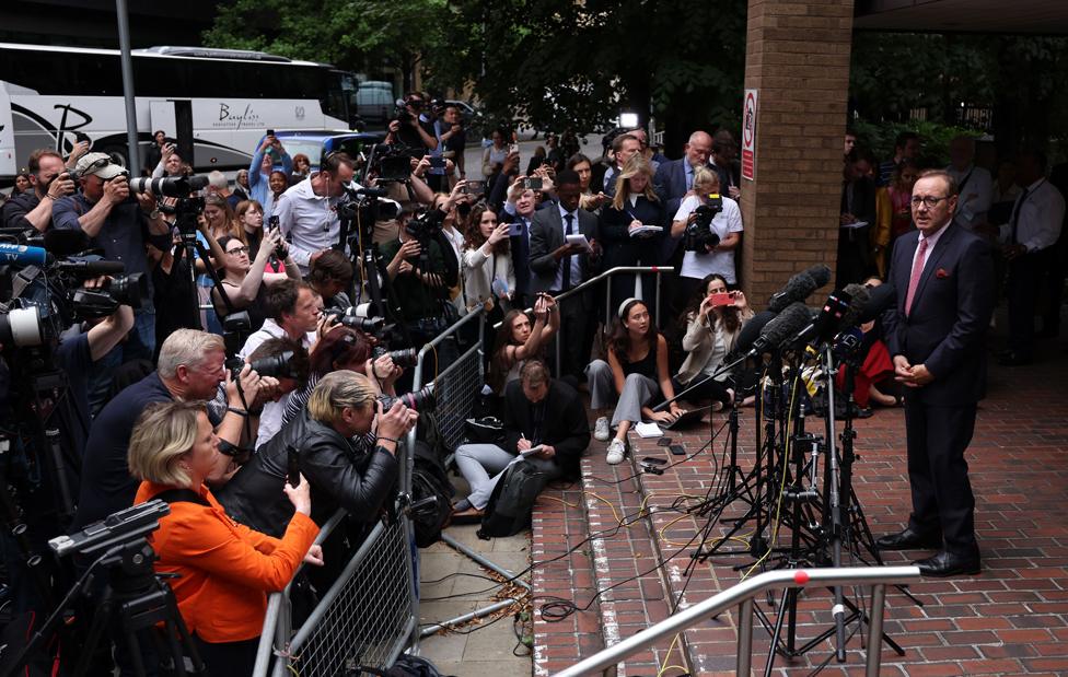 US actor Kevin Spacey delivers a statement to the press outside Southwark Crown Court after being found not guilty on all charges in London, Britain, 26 July 2023.