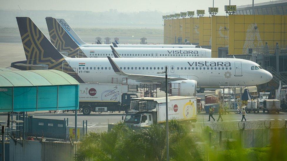 Vistara Aircrafts seen at a parking bay in Terminal 3 of Indira Gandhi International (IGI) Airport