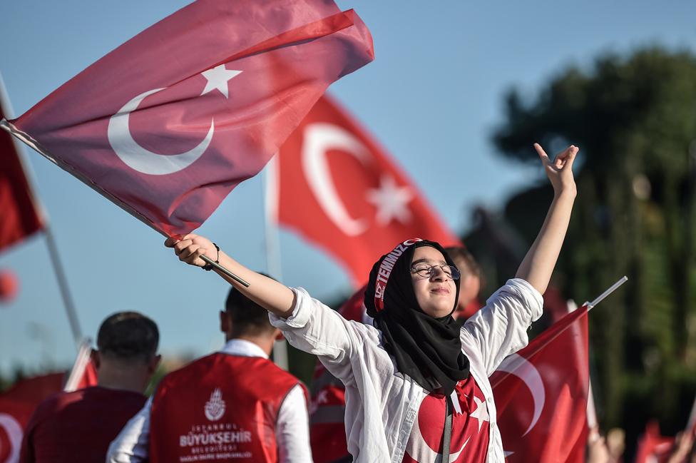 Erdogan supporter marking defeat of 2016 coup, 15 Jul 18