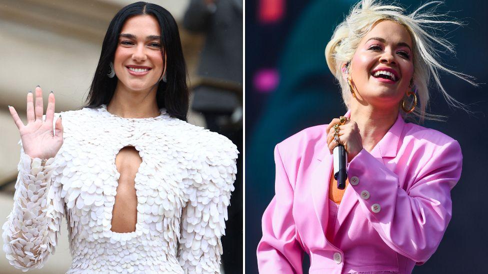 Dua Lipa seen waving to the camera, and Rita Ora pictured performing, holding a microphone