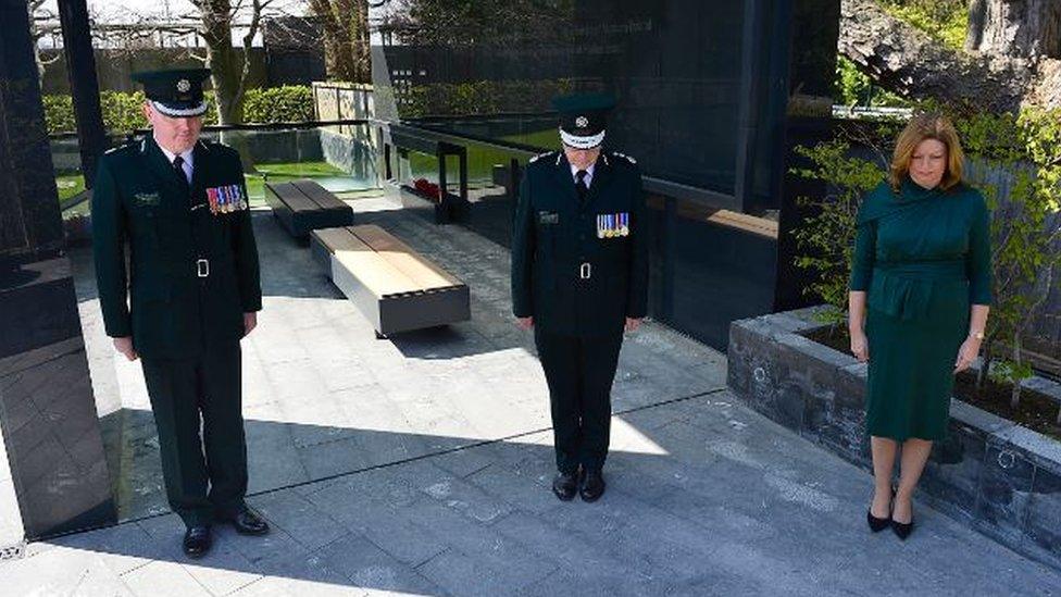 PSNI Chief Constable Simon Byrne alongside Deputy Chief Constable Mark Hamilton and Chief Operating Officer Pamela McCreedy observe the silence