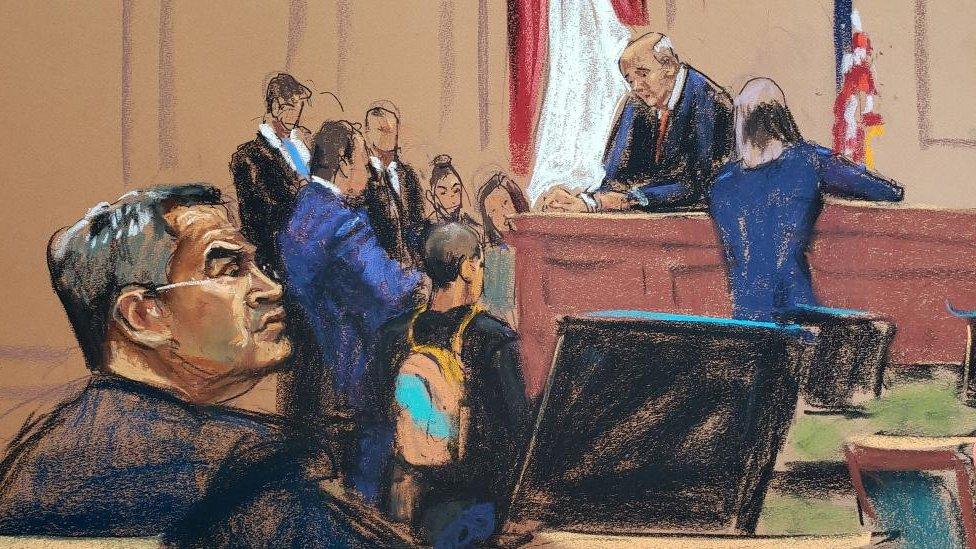 Honduras ex-President Juan Orlando Hernandez attends his trial on U.S. drug trafficking charges in federal court in the Manhattan borough of New York City, U.S., February 20, 2024 in this courtroom sketch.