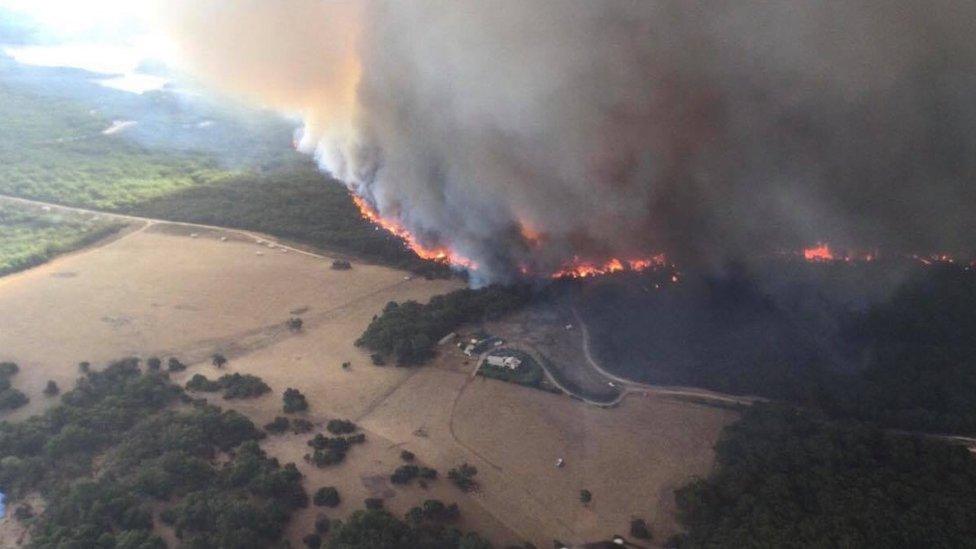 Aerial view of the Cherry Garden fire front in the Adelaide Hills