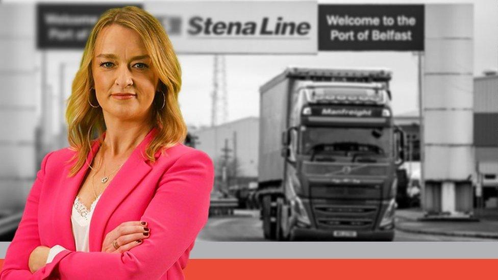 montage of Laura Kuenssberg and an image from the Port of Belfast