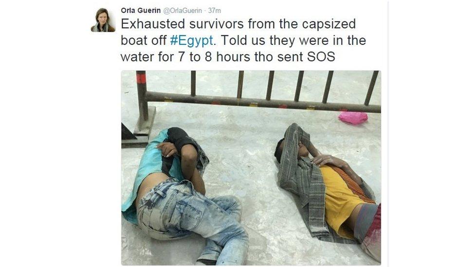 Tweet from Orla Guerin: "Exhausted survivors from the capsized boat off Egypt. Told us they were in the water for 7 to 8 hours tho sent SOS."