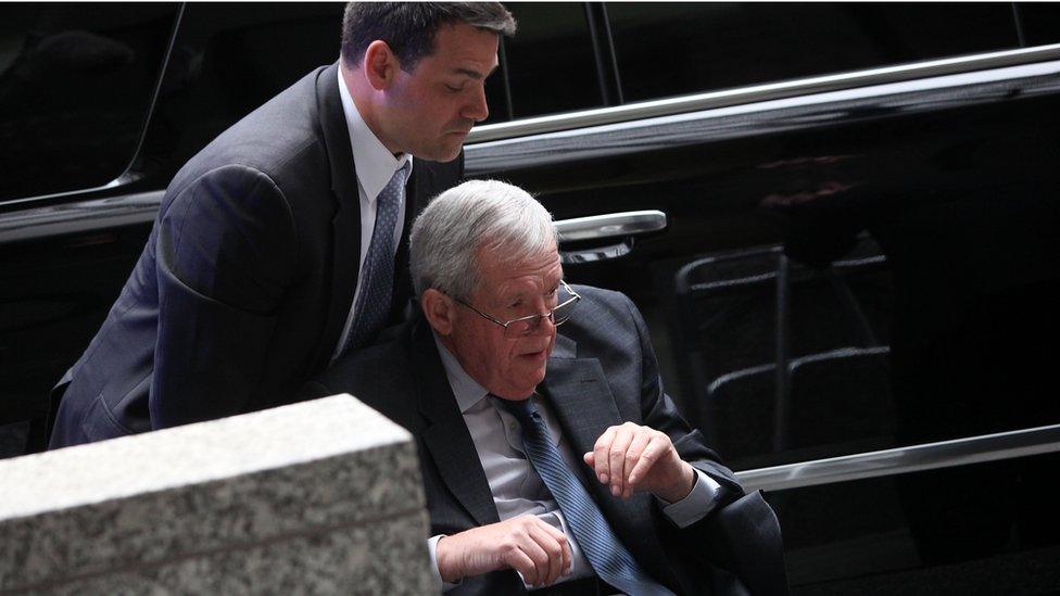 Former House Speaker Dennis Hastert arrives at the Dirksen federal court house for his hush-money case sentencing