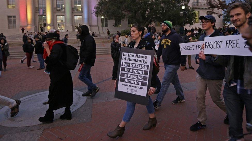 Student protest on Sproul Plaza, the University of California at Berkeley 1 February 2017