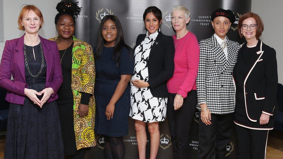 L-R: Journalist Anne McElvoy (chairwoman); Angeline Murimirwa from the Campaign for Real Education; campaigner Chrisann Jarrett; Meghan; singer Annie Lennox; model Adwoa Aboah; former Australian Prime Minister Julia Gillard