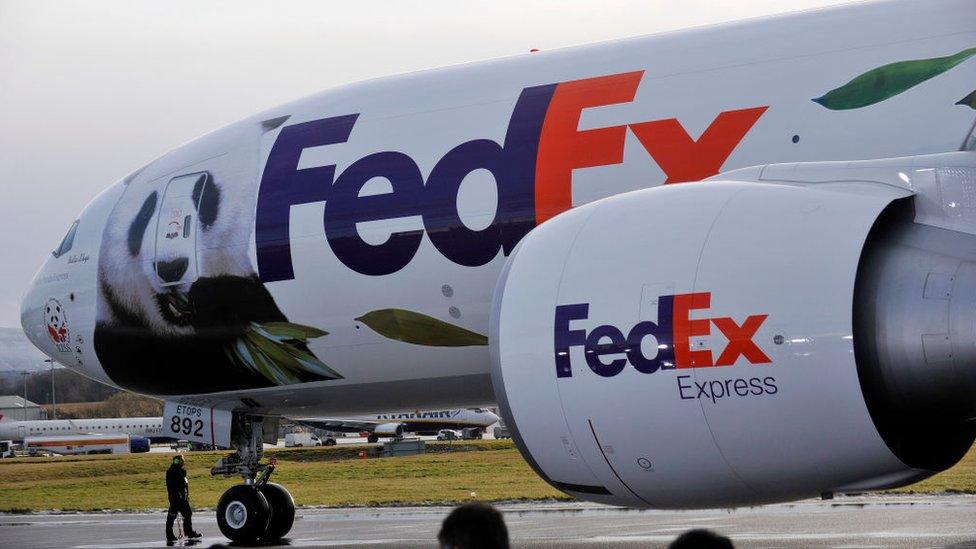 A plane, bearing a picture of a giant panda and carrying Tian Tian (sweetie) (bottom) and Yang Guang (sunshine), two giant panda