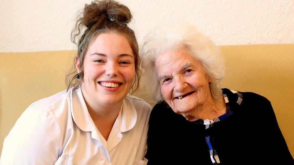 Carer Katie Johnson with resident Kitty O'Dea