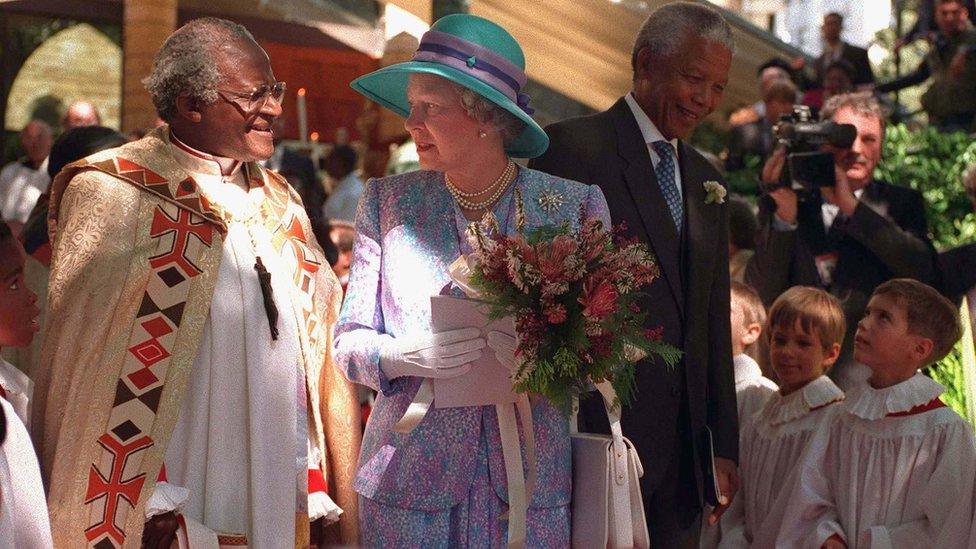 The Queen With Archbishop Desmond Tutu And President Nelson Mandela In South Africa