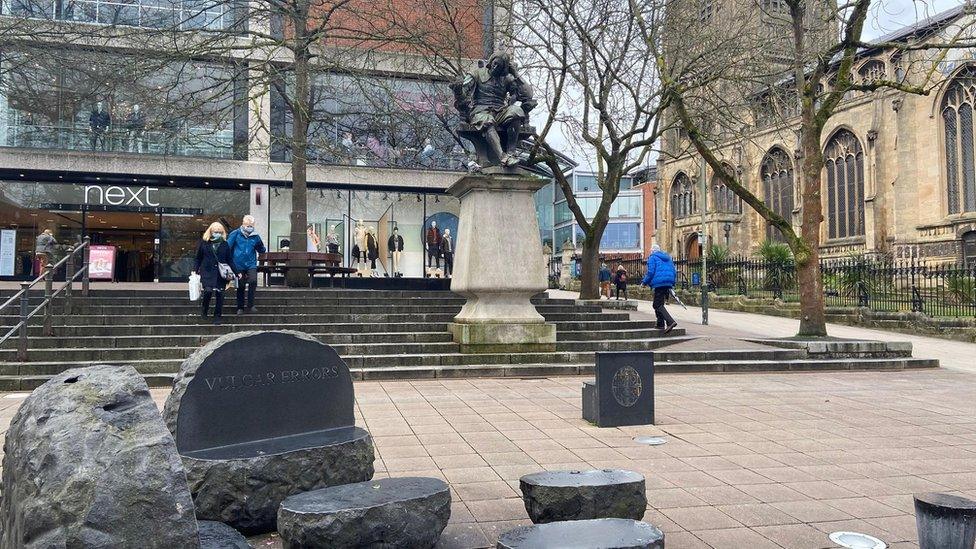 Marble carvings outside Hay Hill, Norwich