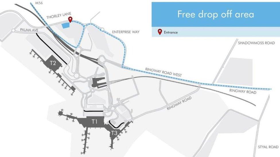 The new free drop-off parking area is about a mile from the terminals