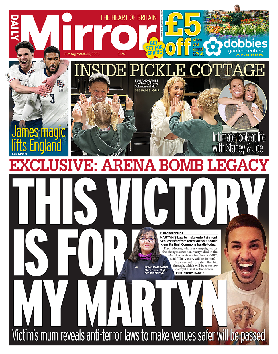 Daily Mirror with headline "This victory is for my Martyn "