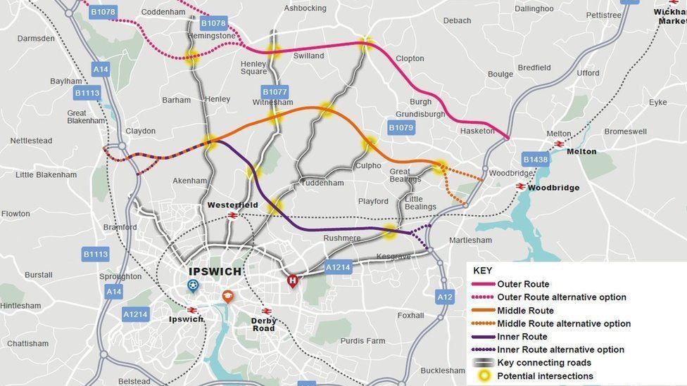 The former Ipswich Northern Bypass plans. It shows a map of the road network around the town and three possible routes for the bypass before it was scrapped.