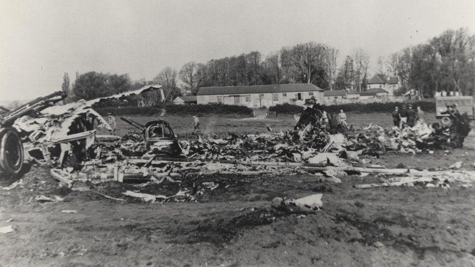 The plane crash site in Bletsoe, Bedfordshire, in April 1944