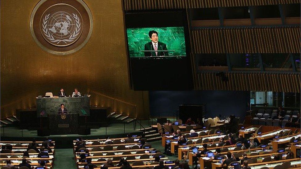 Prime Minister of Japan Shinzo Abe addresses the United Nations General Assembly at UN headquarters on September 29, 2015 in New York City.